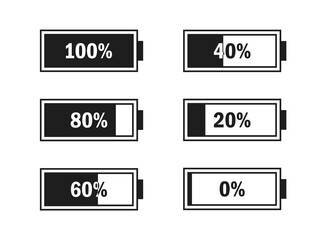 Level battery energy icon set. Powerfully full and power low up status batteries. Energy reusing concept. Alkaline tags. Battery charging point, charge indicator. Mobile plug. Vector illustration.