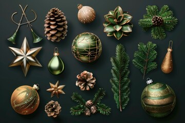 A collection of Christmas ornaments on a black background