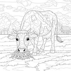 Cow Eating Grass Scenery Outline Vector Illustration. Cow Eating Grass Coloring Page. Animal Coloring Page. Detailed Cow Eating Scenery Vector. 