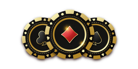 Realistic playing chip with the suit of diamond in the center, gambling tokens. Trio of playing chips or token. Concept poker or casino. Gambling coin with suit diamonds. Banner for web app or site.