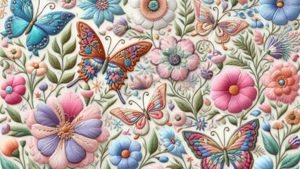 Naklejka premium Whimsical Pastel Floral Embroidery Seamless Patterns With Embroidered Floral Butterflies