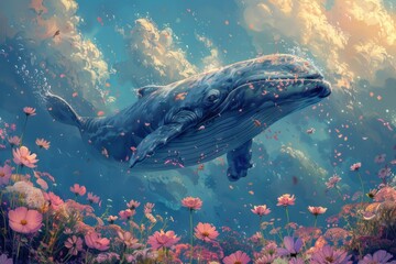 Fantasy Blue whale swimming above a Garden, Peaceful wildlife watercolor concept