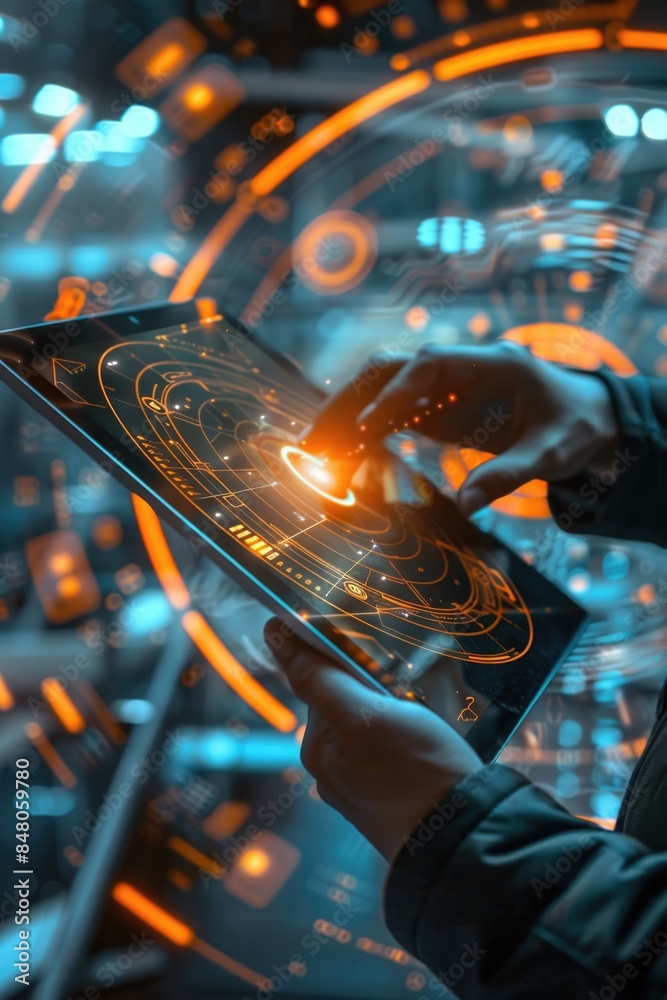Poster A person holding a tablet computer in front of a futuristic screen, ideal for tech-related themes and futuristic concepts