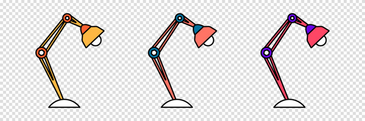 Set of table desk lamp in flat outline style. Reading light in cartoon style. Vector clipart icon on a transparent background.