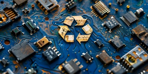 Recycled ewaste processed for material extraction. Concept Recycling Methods, Sustainable Practices, Electronic Waste, Material Extraction, Green Technology