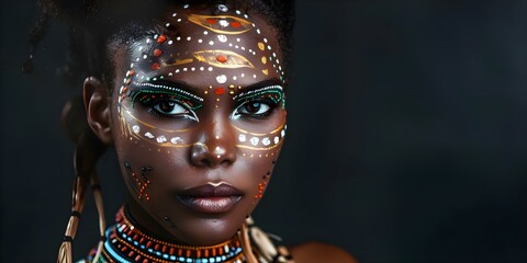 African tribal woman with intricate markings and intense gaze against black backdrop. Concept Portrait Photography, African Culture, Tribal Fashion, Body Art, Intense Expression