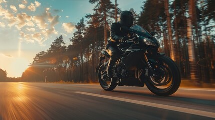 Motorcyclist riding through a scenic forest road at sunset, capturing the essence of freedom and adventure on a high-performance motorcycle.