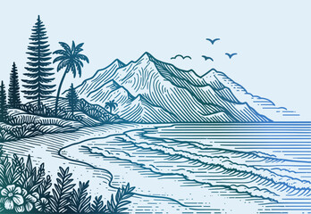 tropical beach landscape with mountains illustration