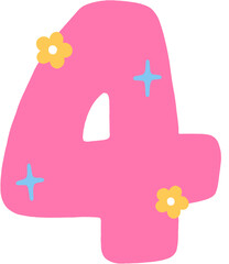 Cute pink flower hand drawn number 4