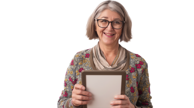 Smiling business woman, office worker in glasses, using digital tablet for work, laughing and looking happy