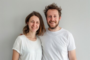 Obraz premium Portrait of a jovial caucasian couple in their 30s wearing a simple cotton shirt in plain white digital canvas
