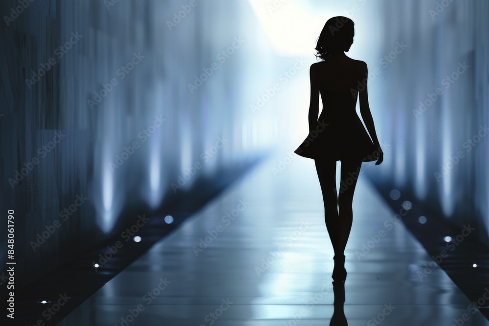 Poster A model is walking down the runway in this black and white image