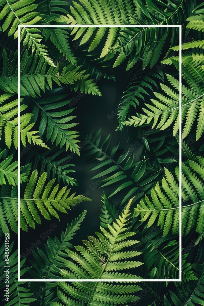 Aufkleber a natural scene of fern leaves with a white frame in the middle, suitable for use as a decorative or