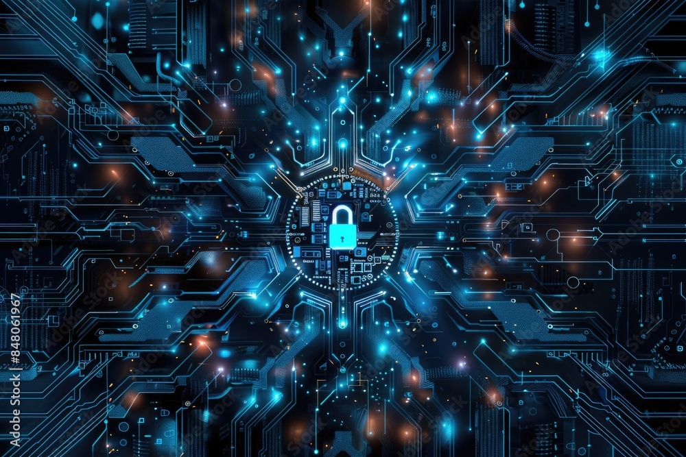 Aufkleber A computer circuit with a padlock, suitable for use in illustrations about security or technology