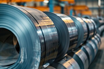 Rolls of galvanized steel sheet inside the factory 