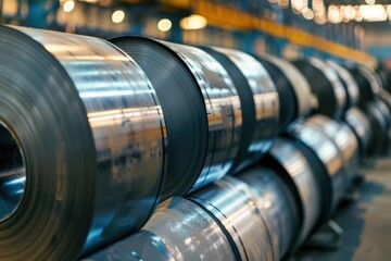 Rolls of galvanized steel sheet inside the factory 