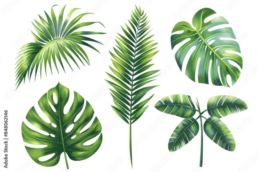 Wall mural a set of colorful tropical leaves against a pure white background - Wall murals