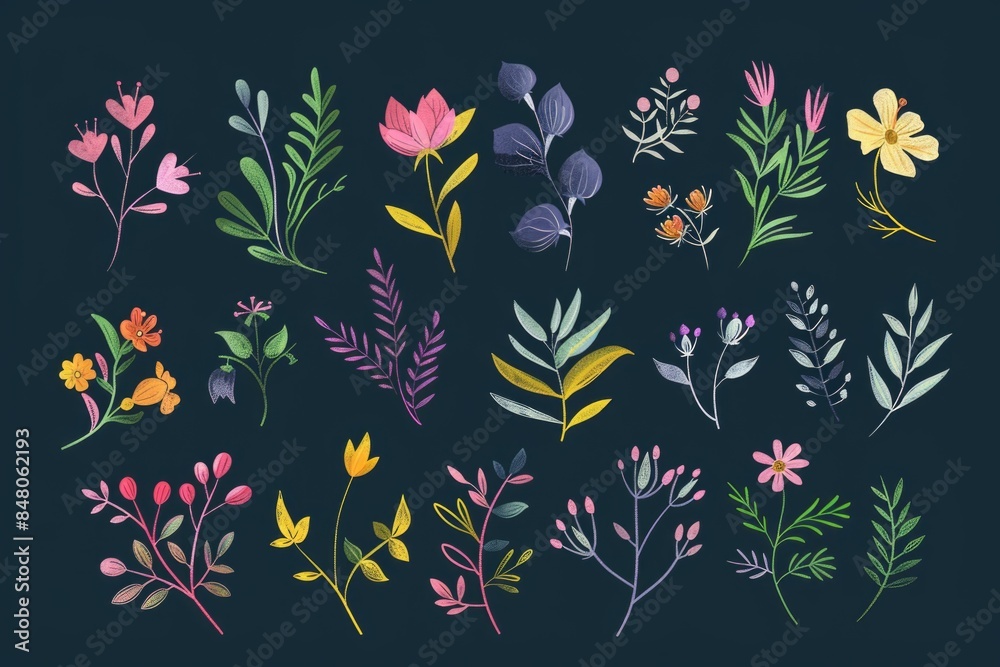 Poster a collection of colorful flowers on a dark black background, perfect for use in designs and projects