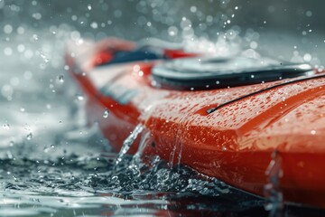 Fototapeta premium A close-up view of a bright red kayak floating on the surface of calm water, with ripples and reflections
