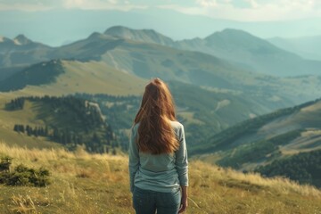 girl walks in the mountains 