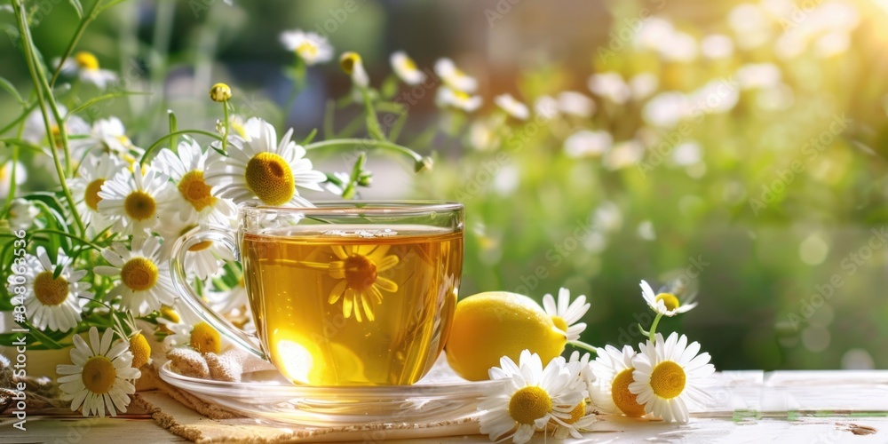 Poster A warm cup of tea served with sliced lemons and daisies, perfect for a relaxing moment