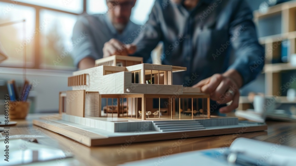 Poster two men are working on a model of a house