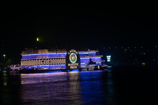 Casino Majestic Pride cruise ship in Mandovi river is tourist attraction for gambling, betting cash, dance, food, alcohol, drink, bar, entertainment, tourism.