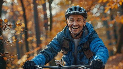 Naklejka premium Smiling man enjoying a bike ride in an autumn forest, dressed in blue jacket and helmet, surrounded by colorful leaves.