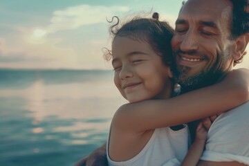 A fatherly figure embracing a young girl at the seaside, suitable for family and social occasion uses