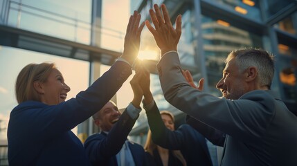 Business team celebrating success with a high five in front of corporate buildings during sunrise.