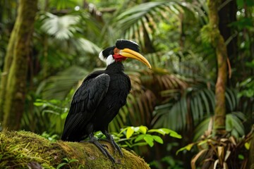 Obraz premium A black bird with a distinctive yellow beak perches on a mossy rock
