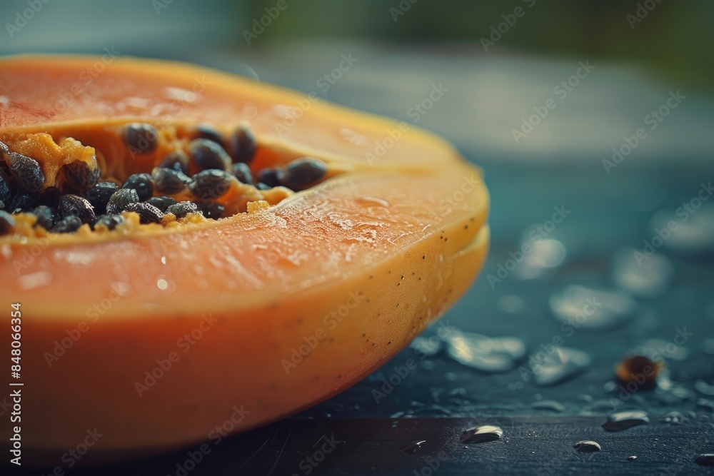 Poster A close-up view of a papaya cut into two halves, with the inner fruit visible