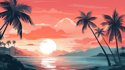 Obraz premium Spectacular Tropical Sunset Over a Calm Ocean with Palm Trees