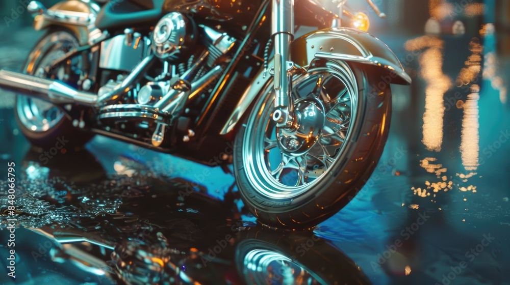 Poster close-up view of a motorcycle on a wet road, ideal for use in travel or adventure contexts