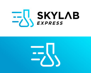 Logo design about laboratory bottle, letter S and fast delivery icon.

