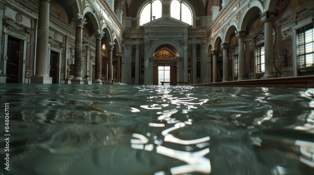 Poster A large building with a pool of water inside