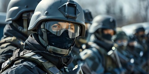 SWAT team in full tactical gear ready for specialized tasks. Concept Tactical Operations, SWAT Team, Specialized Tasks, Tactical Gear, Law Enforcement