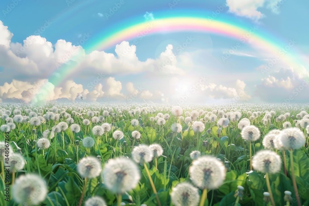 Poster A scenic view of a field of dandelions with a vibrant rainbow in the background, suitable for use in nature and travel-themed projects