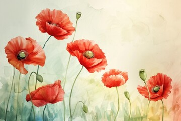 Obraz premium A bouquet of red poppies grows in a lush green field, perfect for use as a decorative image or in a design project