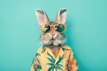 Obraz premium A close-up portrait photo of a cute fashionable rabbit wearing sunglasses and a Hawaiian shirt, standing against a bright background. Vacation concept.
