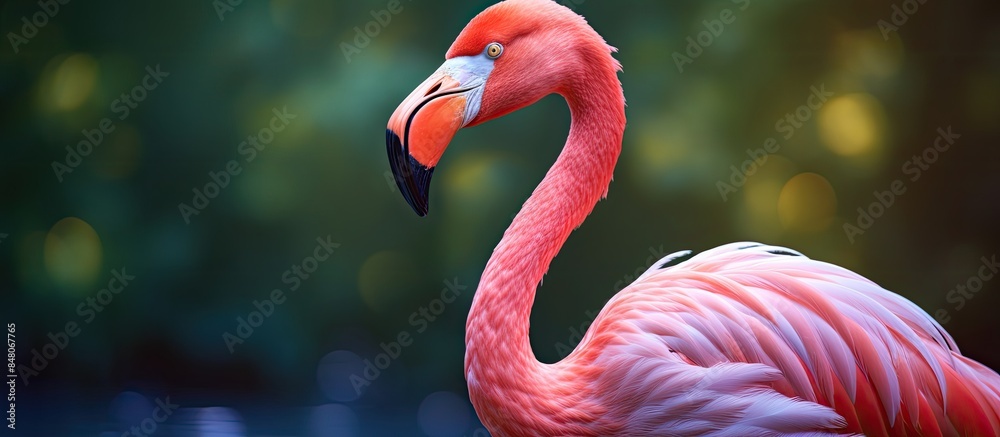 Poster wildlife concept close up portrait of pink flamingo in the zoo image contains copy space