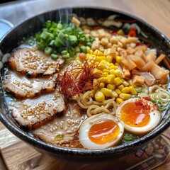A bowl of steaming ramen noodles with toppings arranged beautifully. Job ID: d8bbdd7d-4bdb-429a-b24a-ea553d94a5a7