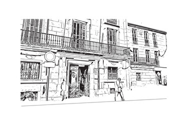 Print Building view with landmark of 
Santiago de Compostela is the city in Spain. Hand drawn sketch illustration in vector.