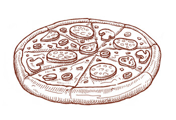 Hand drawn sketch style pizza. Fresh baked traditional italian pizza with salami, sliced mushrooms and olives.