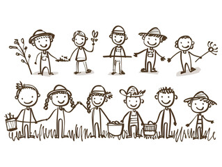 Hand drawn of happy farmers in stick figure illustration style. Isolated on a white background.