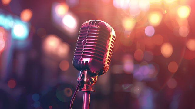 a photorealistic microphone with a spotlight on it, representing the spotlight that jamali was once in, with a blurred background of a concert stage