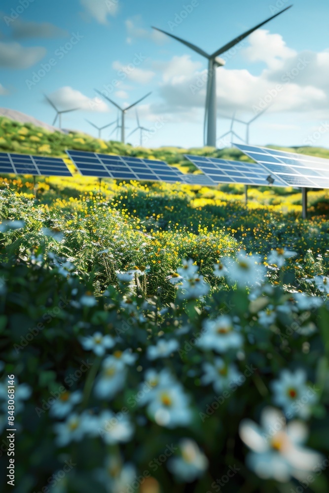 Poster a sunny day scene with a field of colorful flowers and a solar panel installation in the background,
