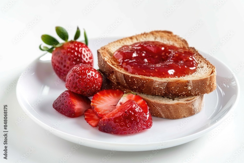Poster A simple breakfast or snack setting featuring toast topped with fresh strawberries