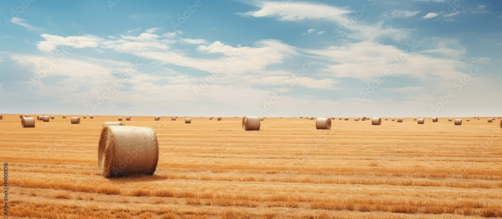 Poster round bales of hay in field. creative banner. copyspace image