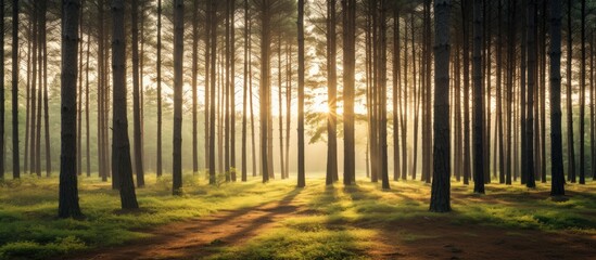 Obraz premium Pine trees forest and sun rays. Creative banner. Copyspace image